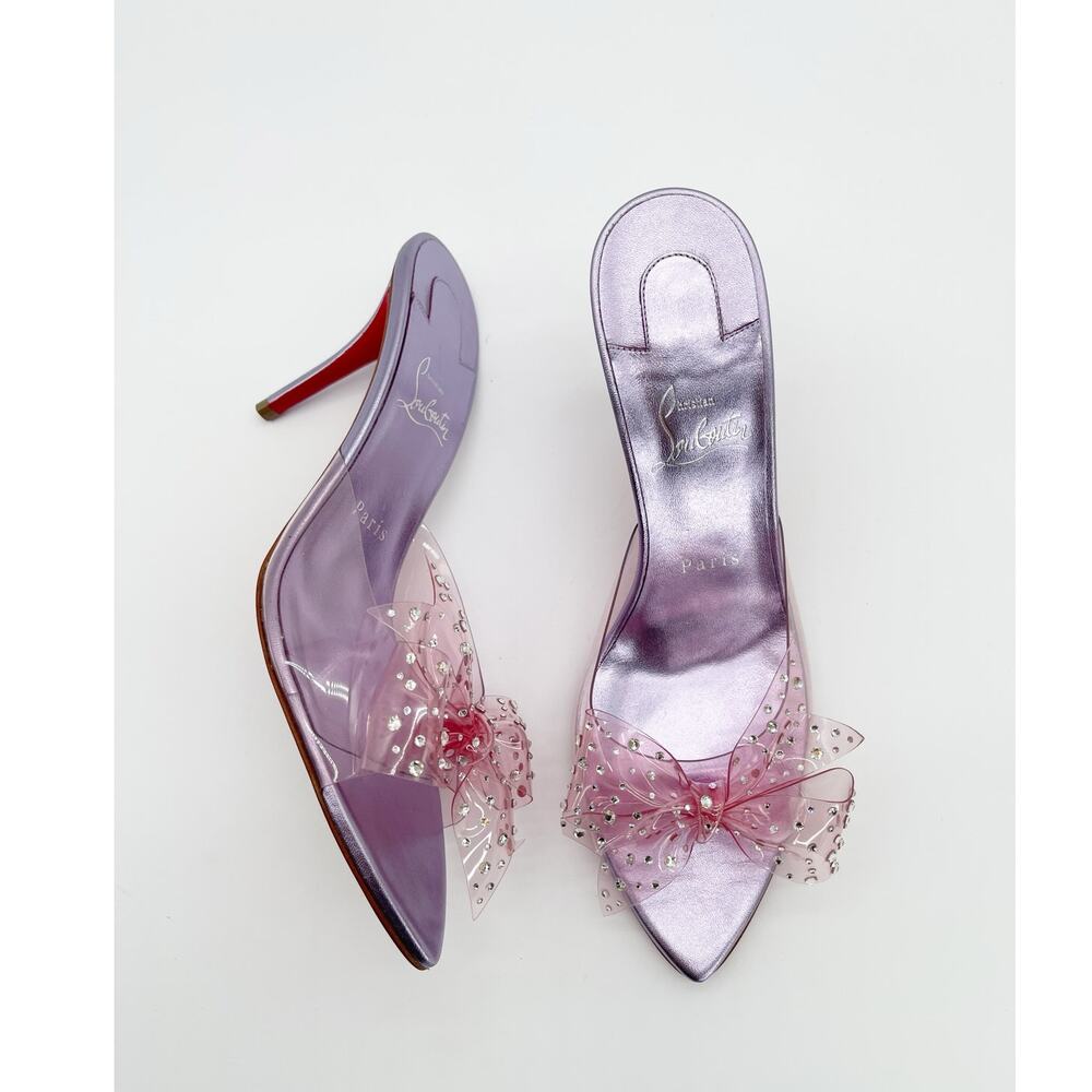Christian Louboutin Aqua Strass PVC Pink Crystal Bow Pointed Toe Mules EU 38.5 - Picture 8 of 15